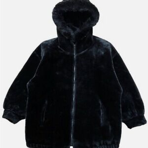 VTG  Charles Klein Woman’s Black Faux Fur ZIP Coat Jacket Hooded Size 4 M-L-XL